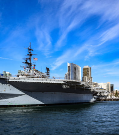 The USS Midway ship floating in the water